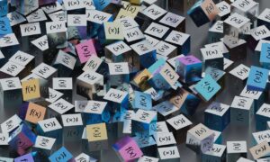 A vibrant collection of cubes with f(x) functions creates a visual mathematical pattern.